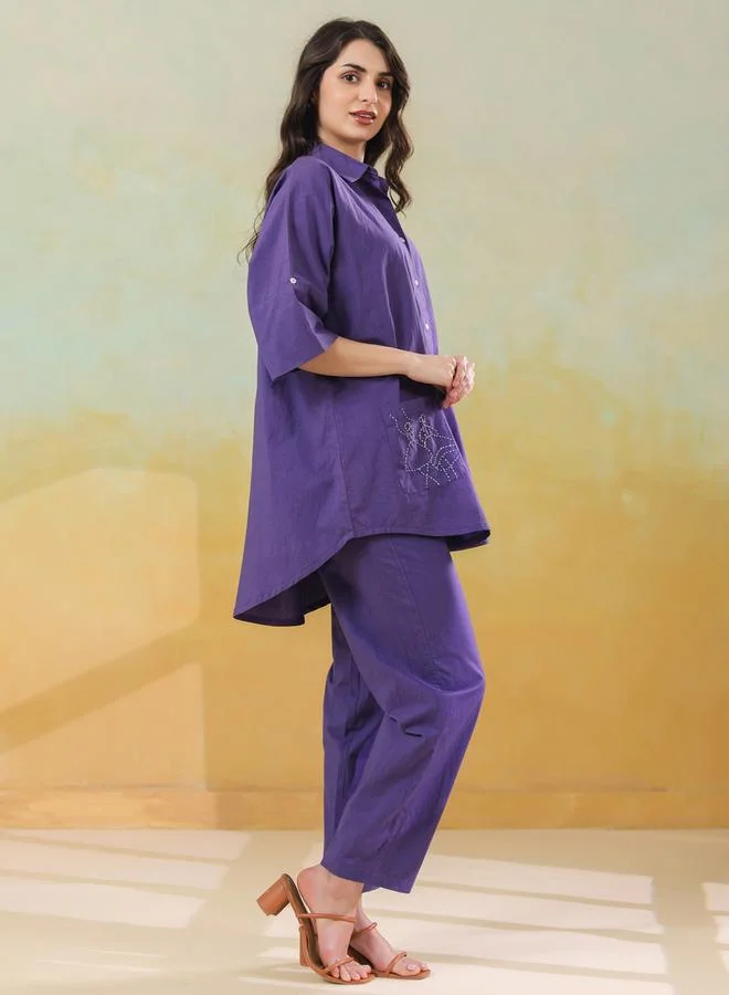 sanskrutihomes Women Purple Embroidered Shirt with Trousers Co-Ords